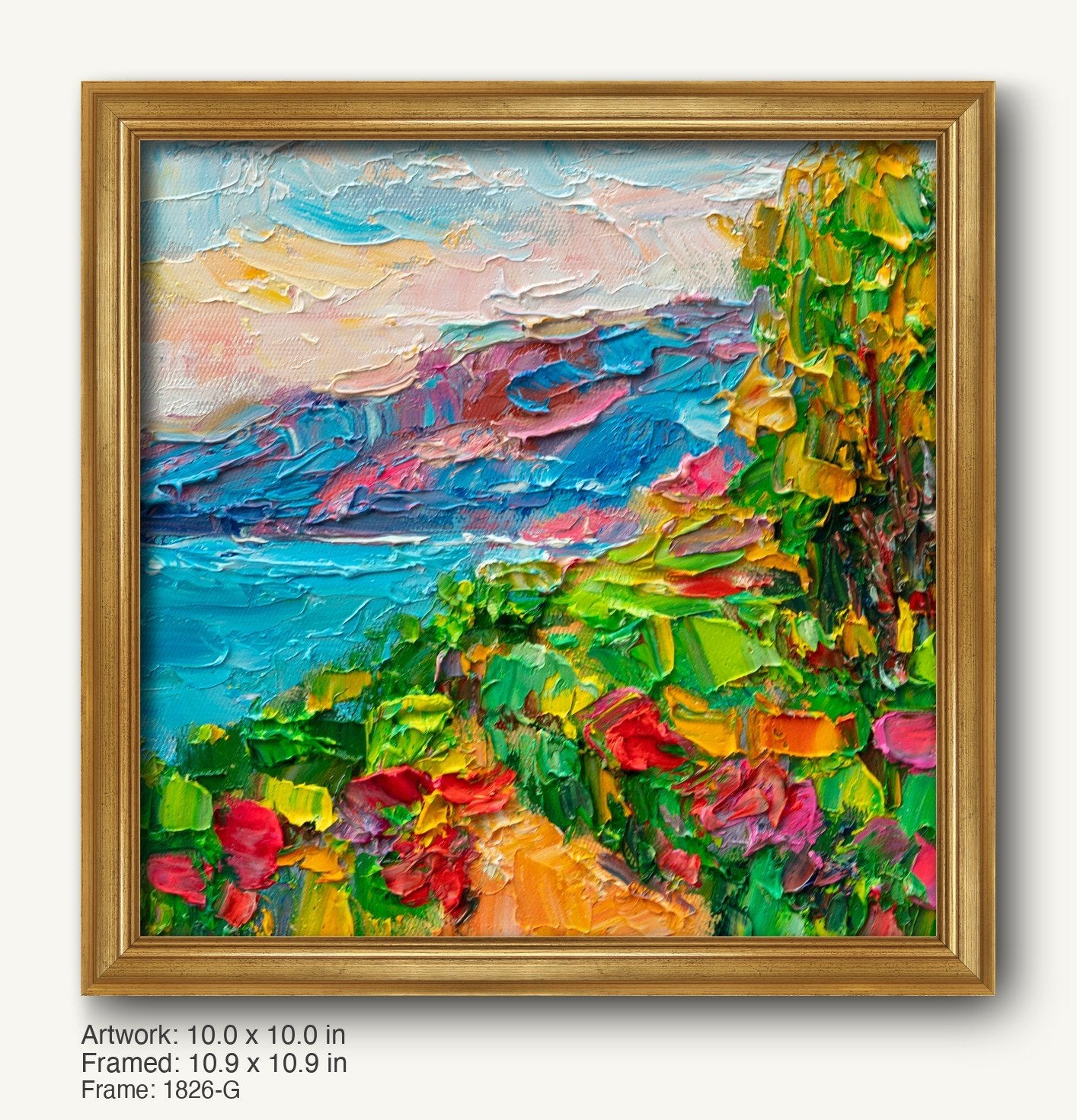 Vibrant coastal garden landscape painting in warm gold ornate frame, featuring thick impasto oil texture with bold blues, greens, and reds on canvas