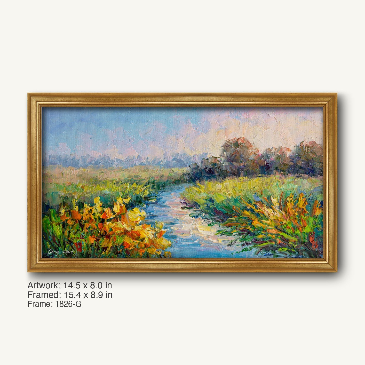 Hand-painted Impressionist landscape of a serene stream winding through vibrant wildflowers, framed in a warm gold ornate frame with classic profile, enhancing the artwork's natural hues and tranquil mood.