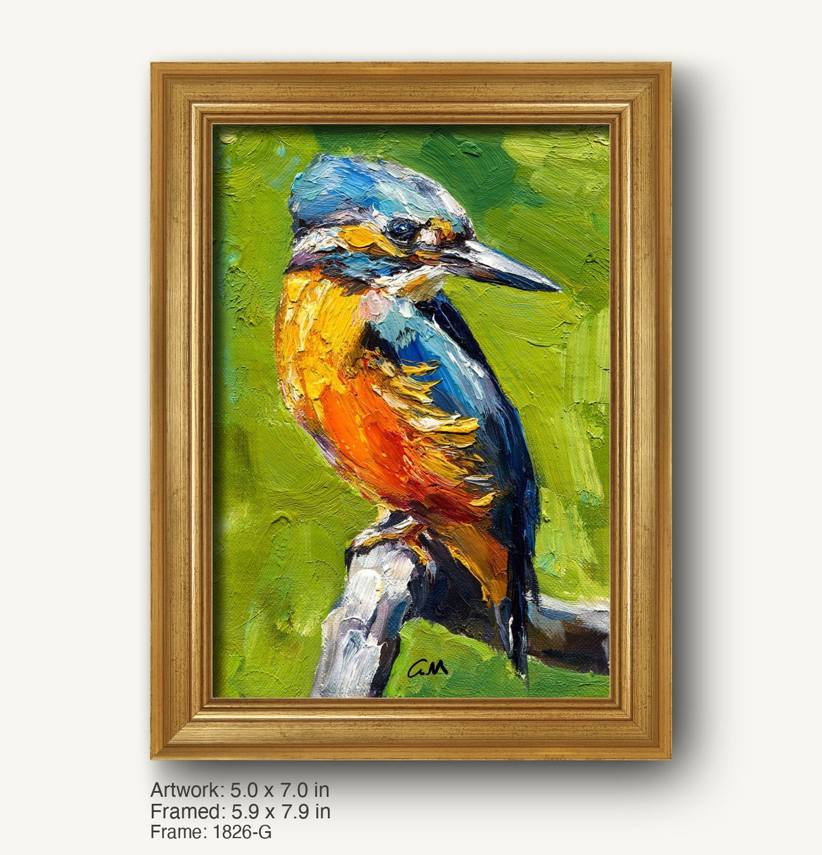 Vibrant kingfisher bird oil painting in warm gold ornate frame, vertical canvas with textured brushwork and signature, set against green background