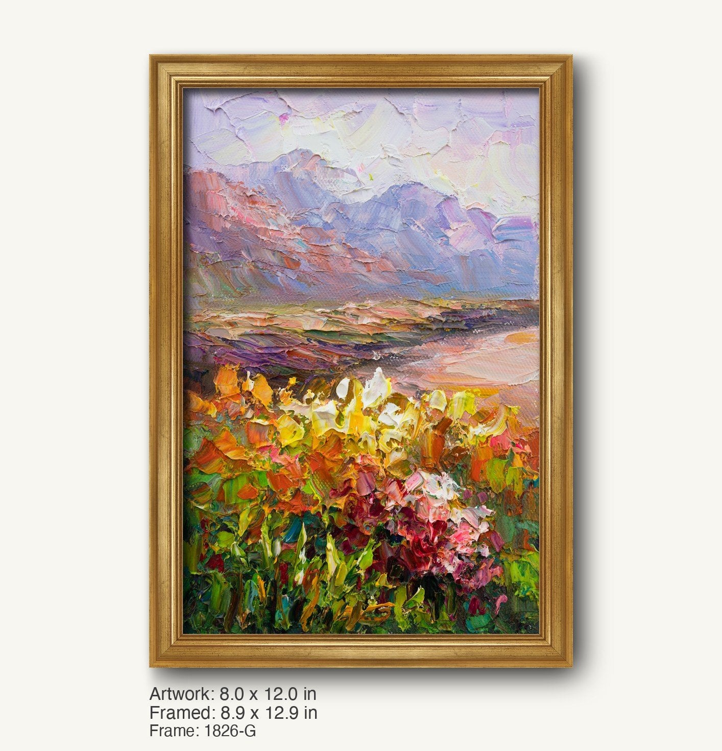 Vertical oil painting of a floral field at dusk with vibrant greens, yellows, and purples, set in a warm gold ornate frame with classic profile