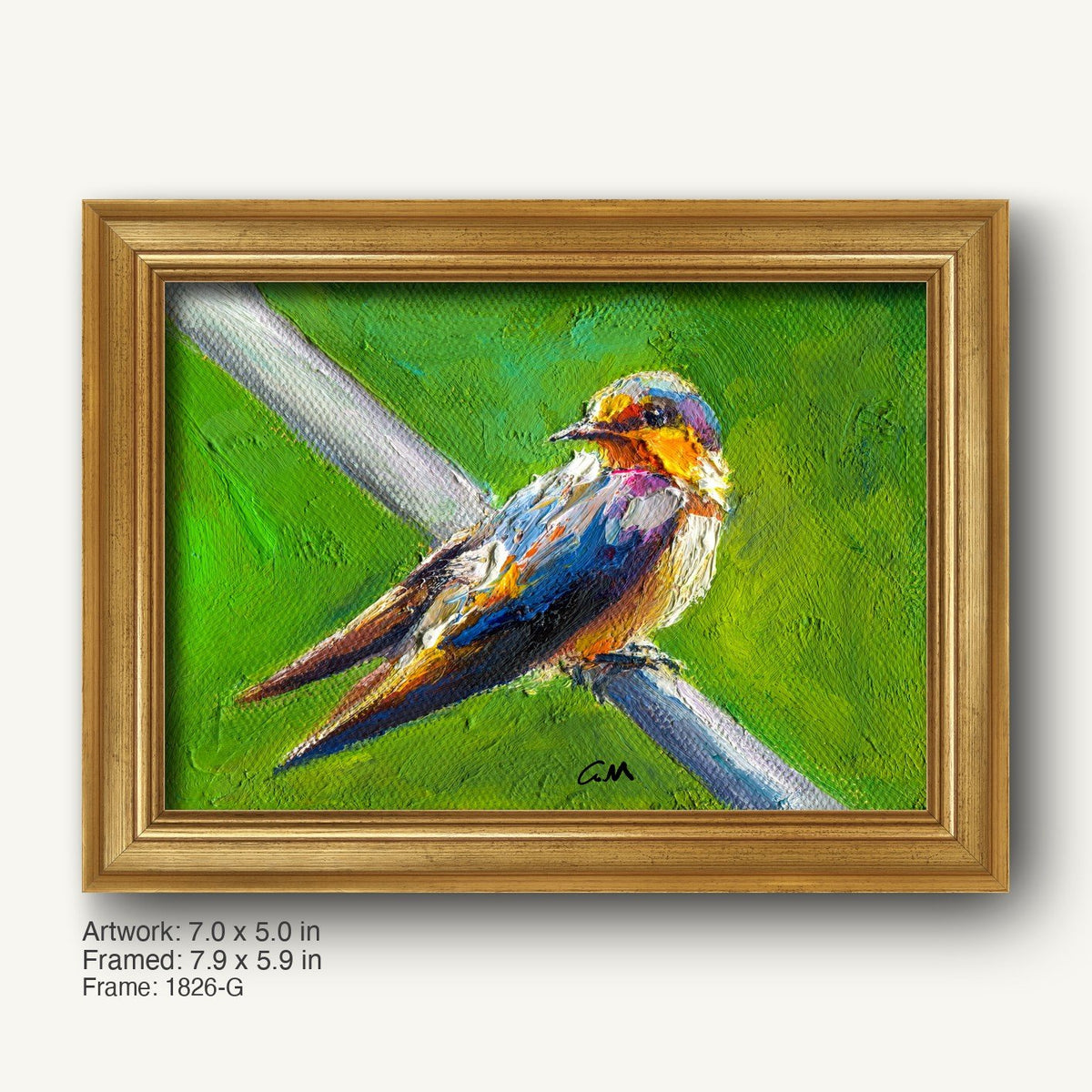 Vibrant oil painting of a colorful bird perched on wire, set in a warm gold ornate frame with textured canvas and expressive brushwork