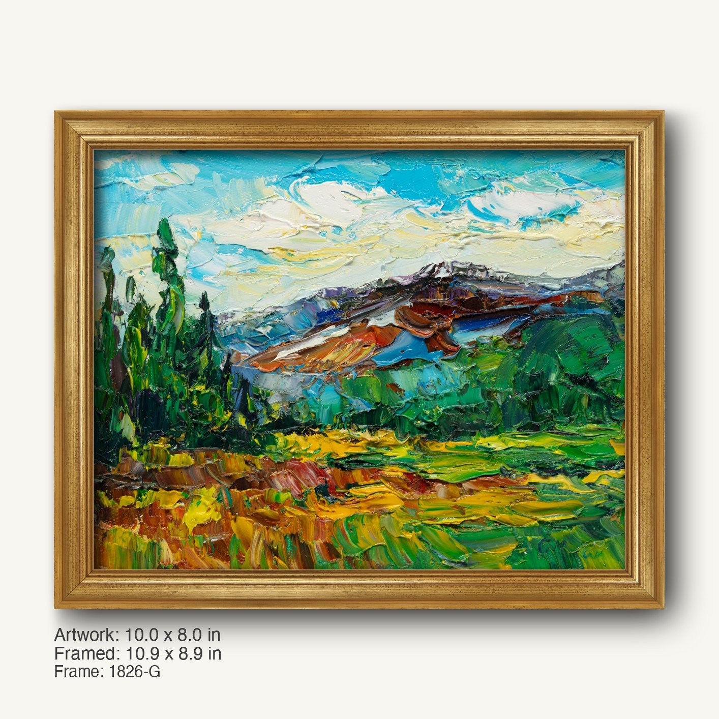 Impasto mountain landscape painting in warm gold ornate frame, vibrant greens, blues, and yellows on canvas, horizontal composition
