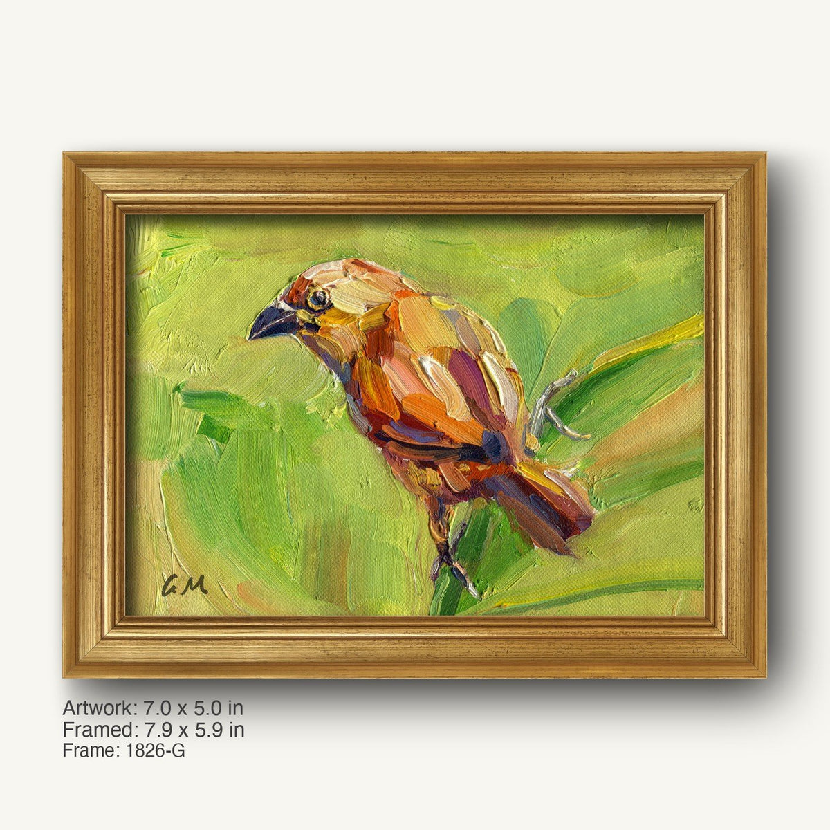 Original oil painting of a bird in warm earth tones on canvas, framed in a classic gold-toned wooden frame with subtle texture and beveled edges, set against a neutral background.
