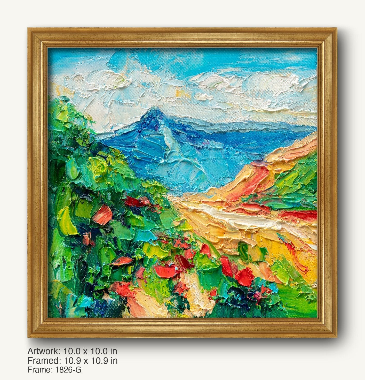 Abstract mountain landscape oil painting in warm gold ornate frame, vibrant blues, greens, and reds on canvas, textured brushwork, square composition