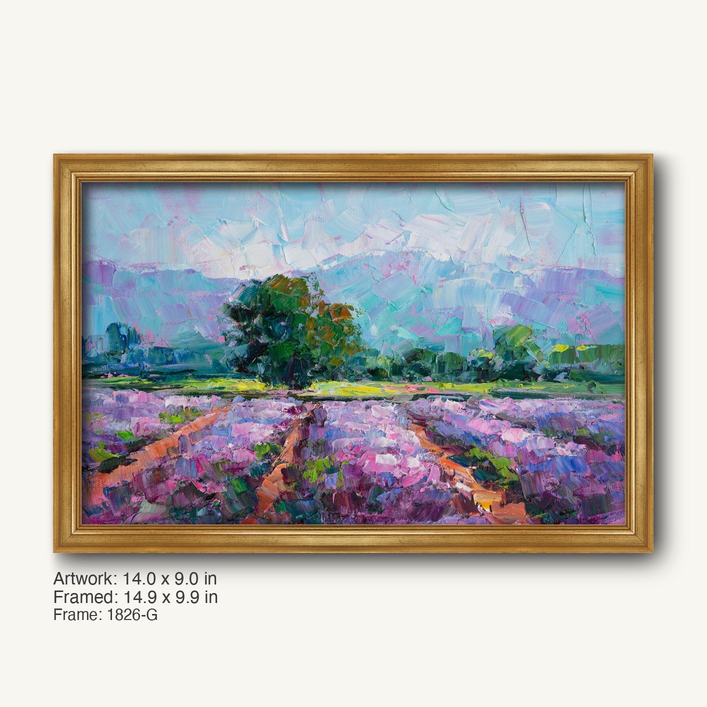 Lavender field oil painting in warm gold ornate frame, horizontal landscape with purple blooms, green trees, and soft blue sky, textured brushwork on canvas