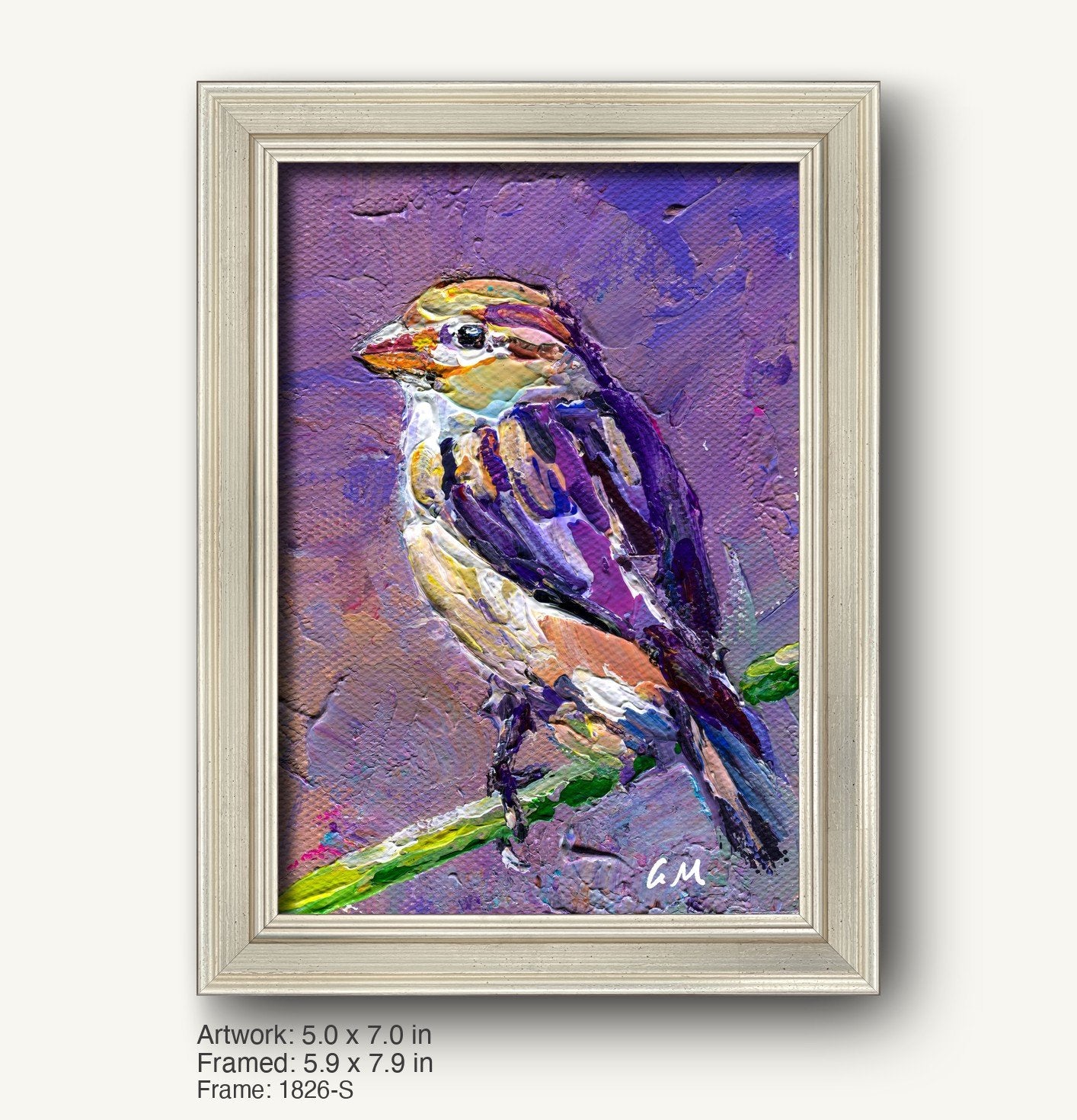 Textured oil painting of a colorful bird perched on a branch, set in a light silver-toned classic frame with subtle beveling, vertical composition