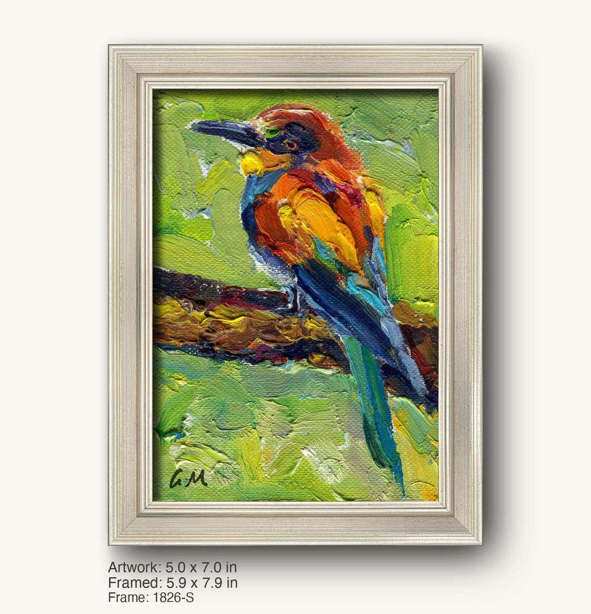 Vibrant oil painting of a colorful bird perched on a branch, framed in a modern slim silver frame with subtle texture, set against a light background