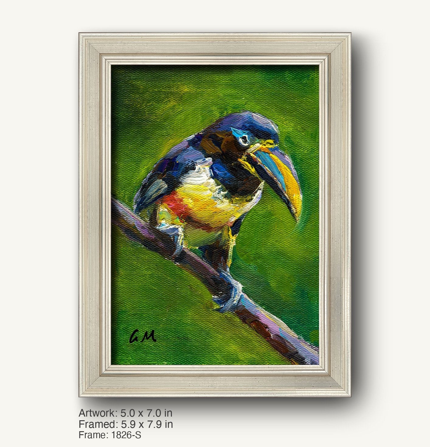 Vibrant hand-painted toucan portrait in a light gray, modern slim frame; bird perched on branch against green background, initialed GM