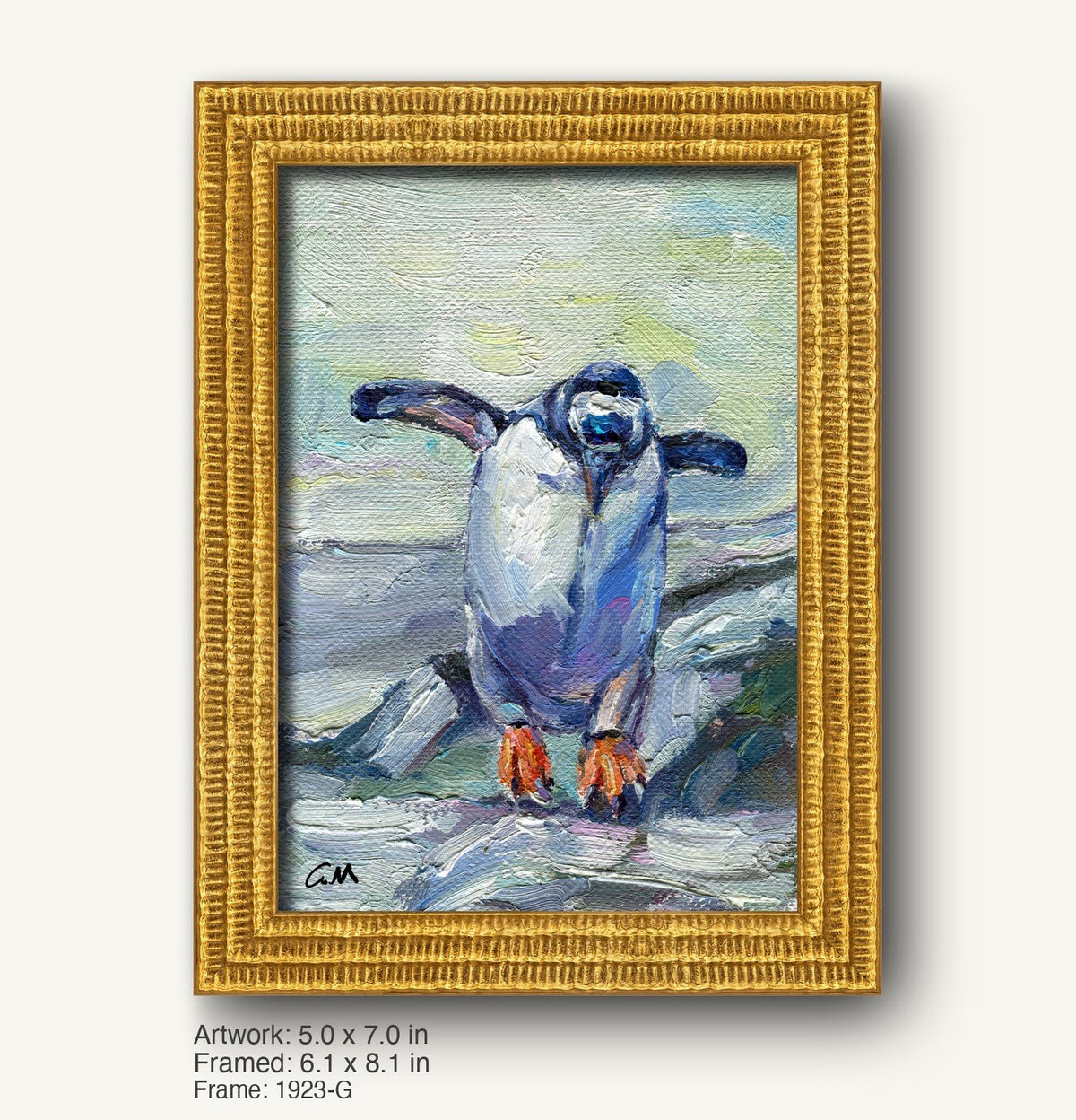 Abstract penguin oil painting in warm gold ornate frame, vertical composition with textured brushwork and blue-white-orange palette