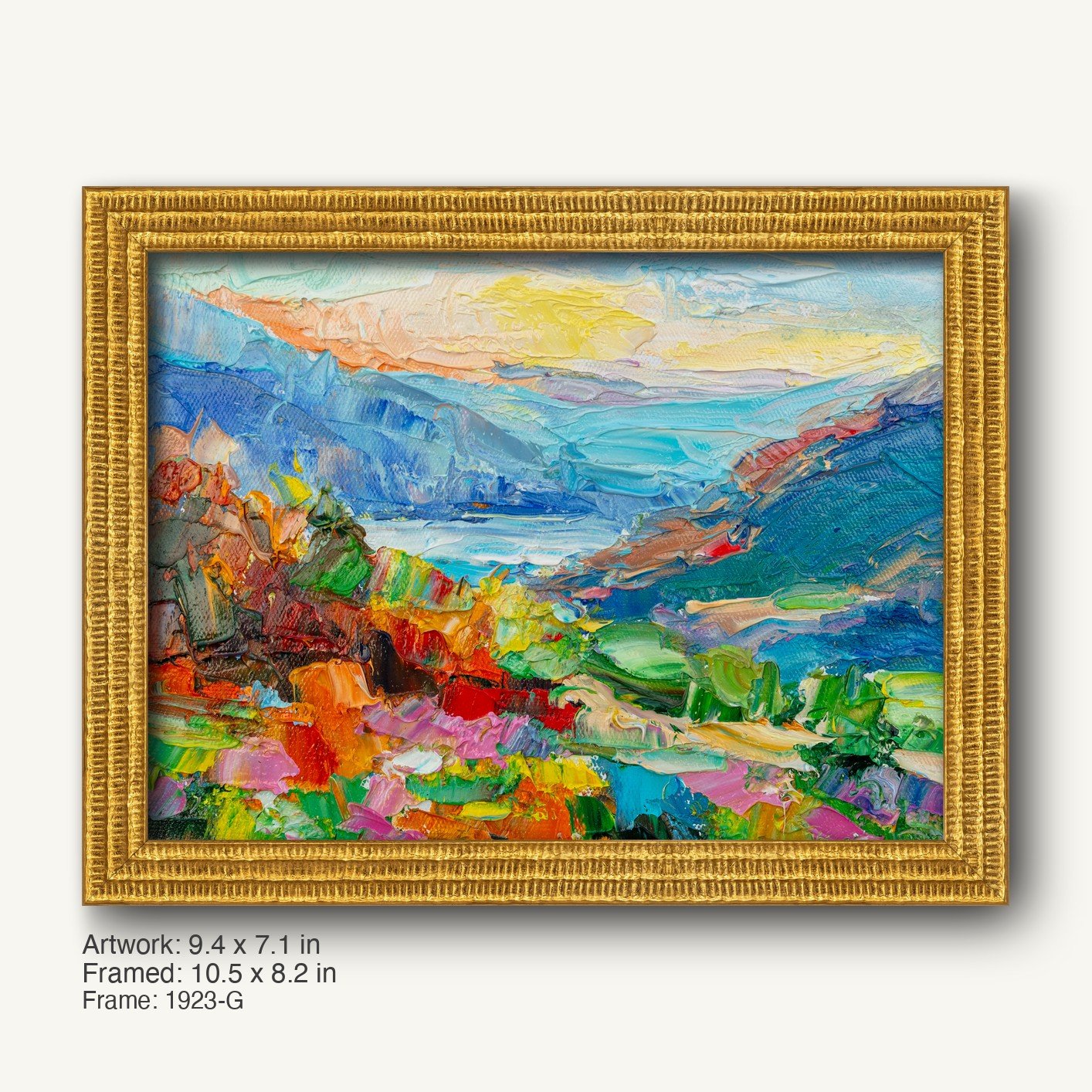 Vibrant mountain valley landscape oil painting in ornate gold frame, horizontal composition with textured brushwork and rich blues, greens, and yellows