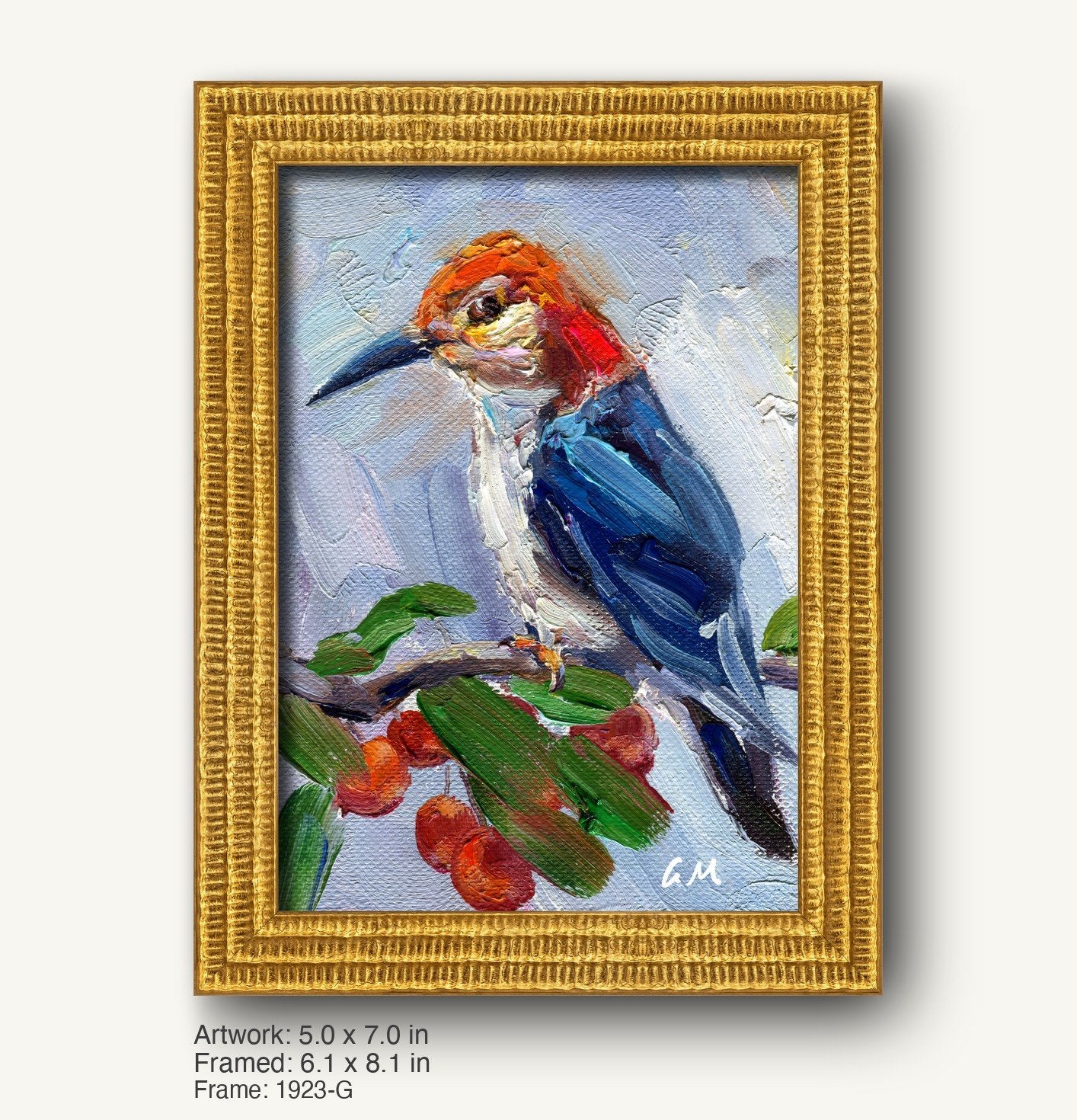 Hand-painted woodpecker in warm gold ornate frame, vertical canvas with textured oil brushwork, perched on branch with red berries and green leaves