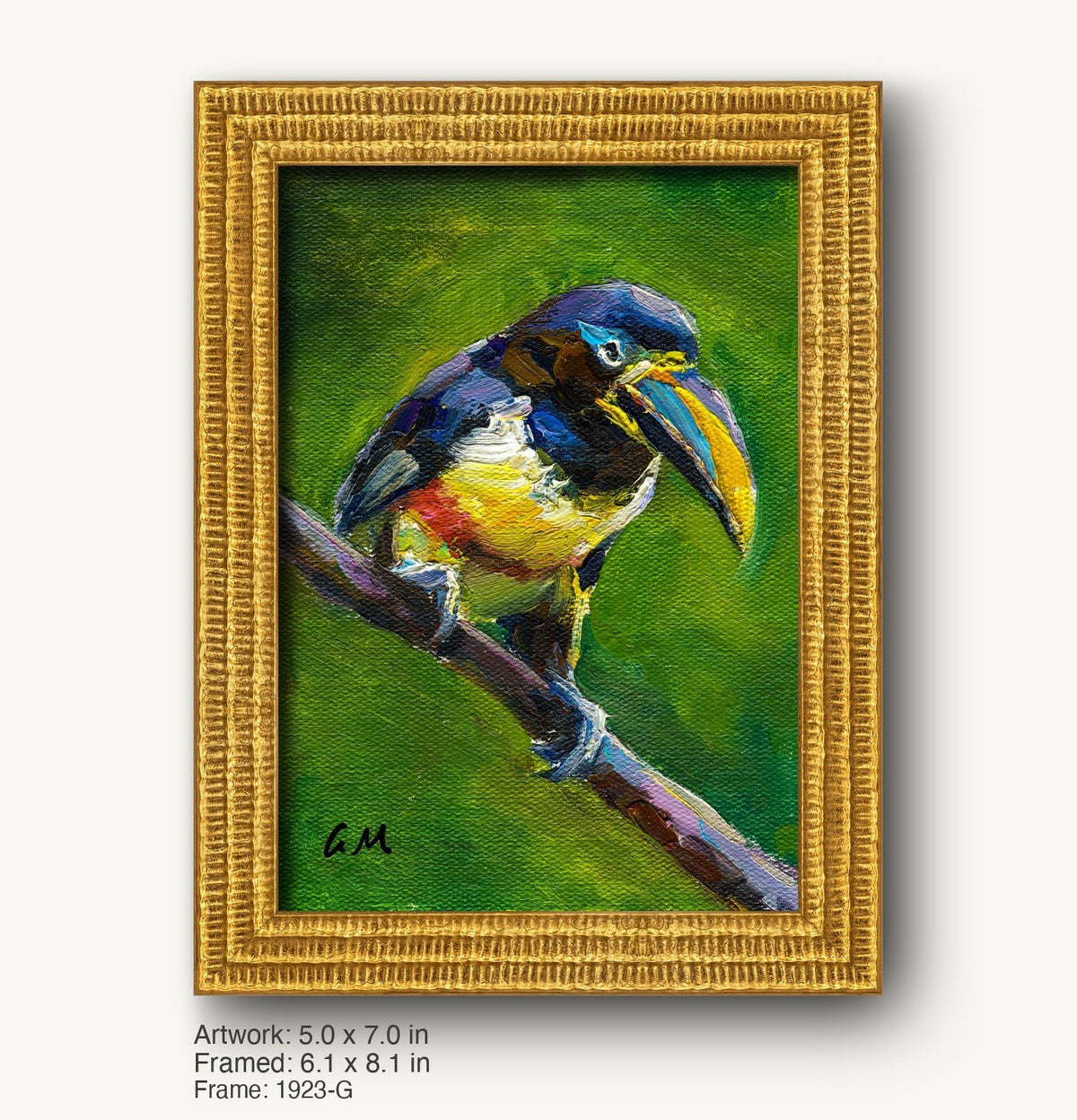 Hand-painted toucan portrait in a warm gold ornate frame, featuring vibrant colors and textured oil brushwork on canvas, set against a lush green background