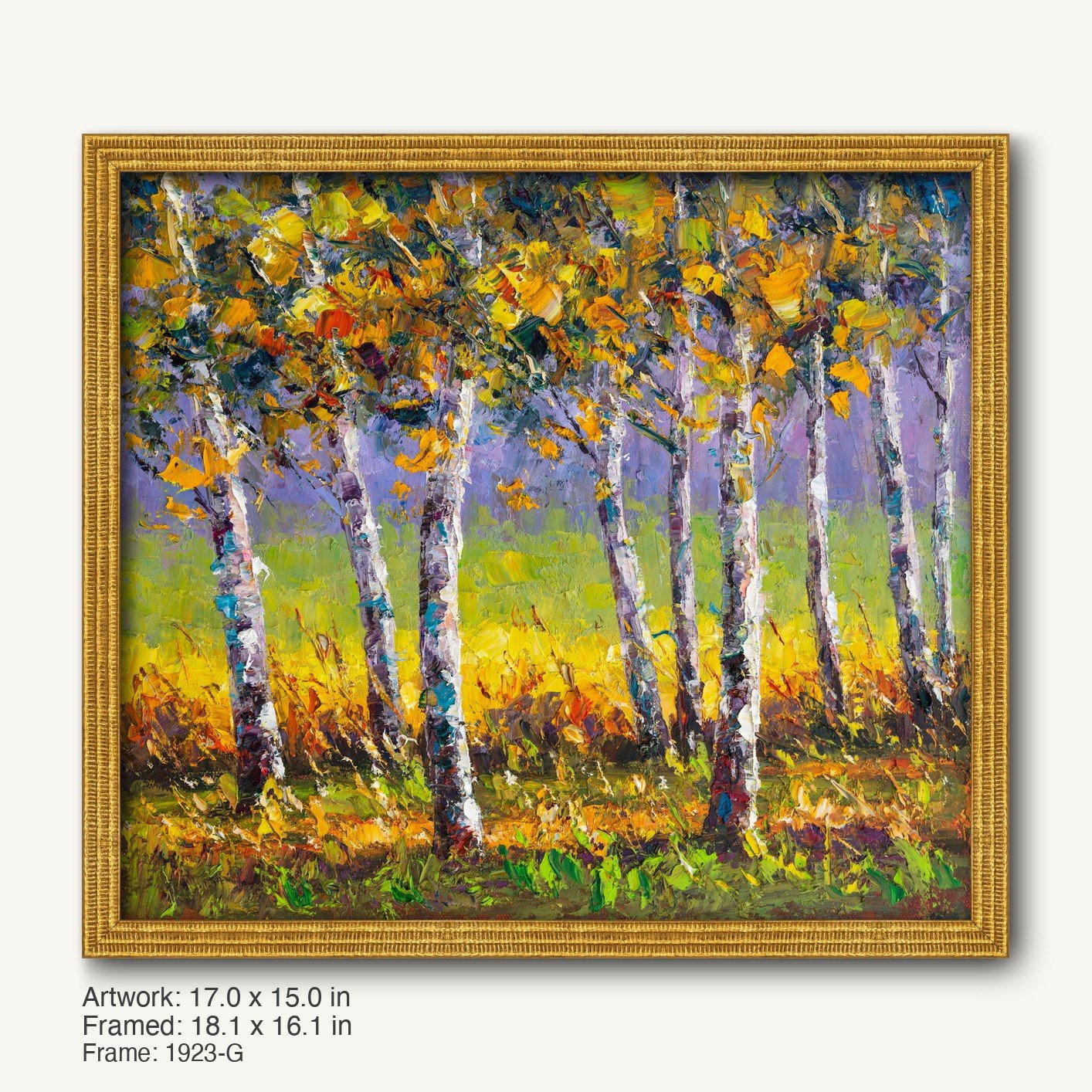 Autumn birch forest oil painting in warm gold ornate frame, horizontal landscape with vibrant yellow and green foliage on canvas