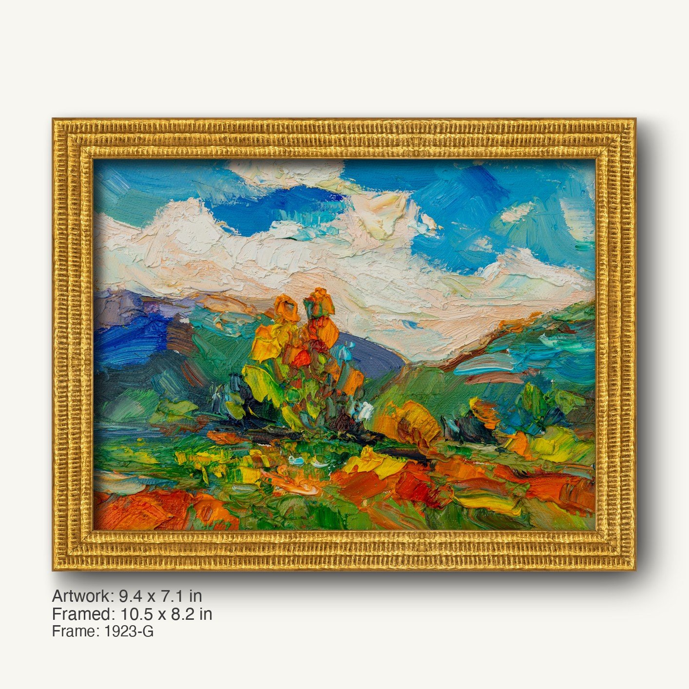 Expressive Field of Marigolds by George Miller in a warm gold ornate frame, showcasing vibrant orange marigolds against a blue sky and green landscape, horizontal composition