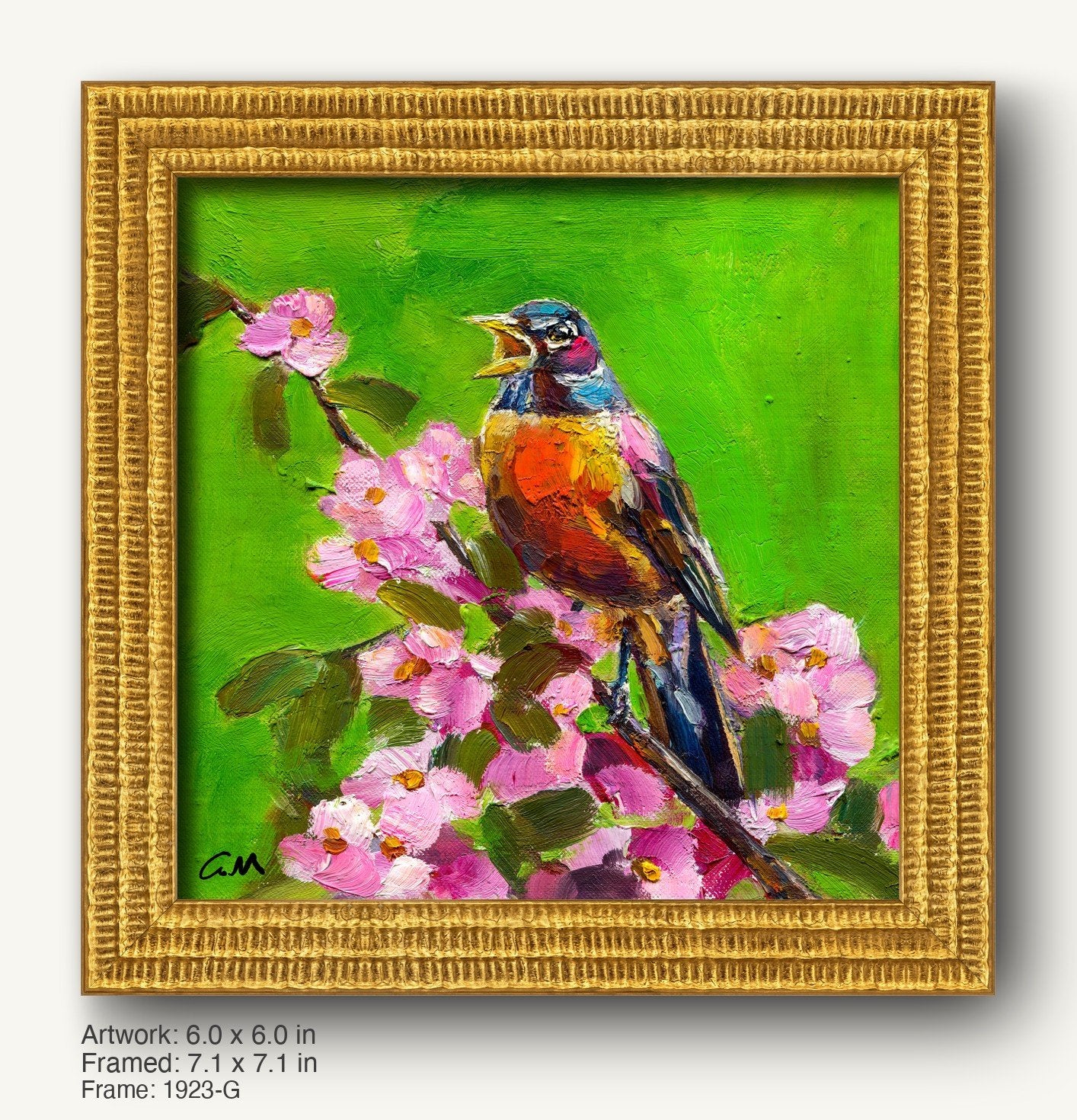 Hand-painted robin perched on pink blossoms against a vibrant green background, framed in ornate warm gold with textured profile and classic detailing