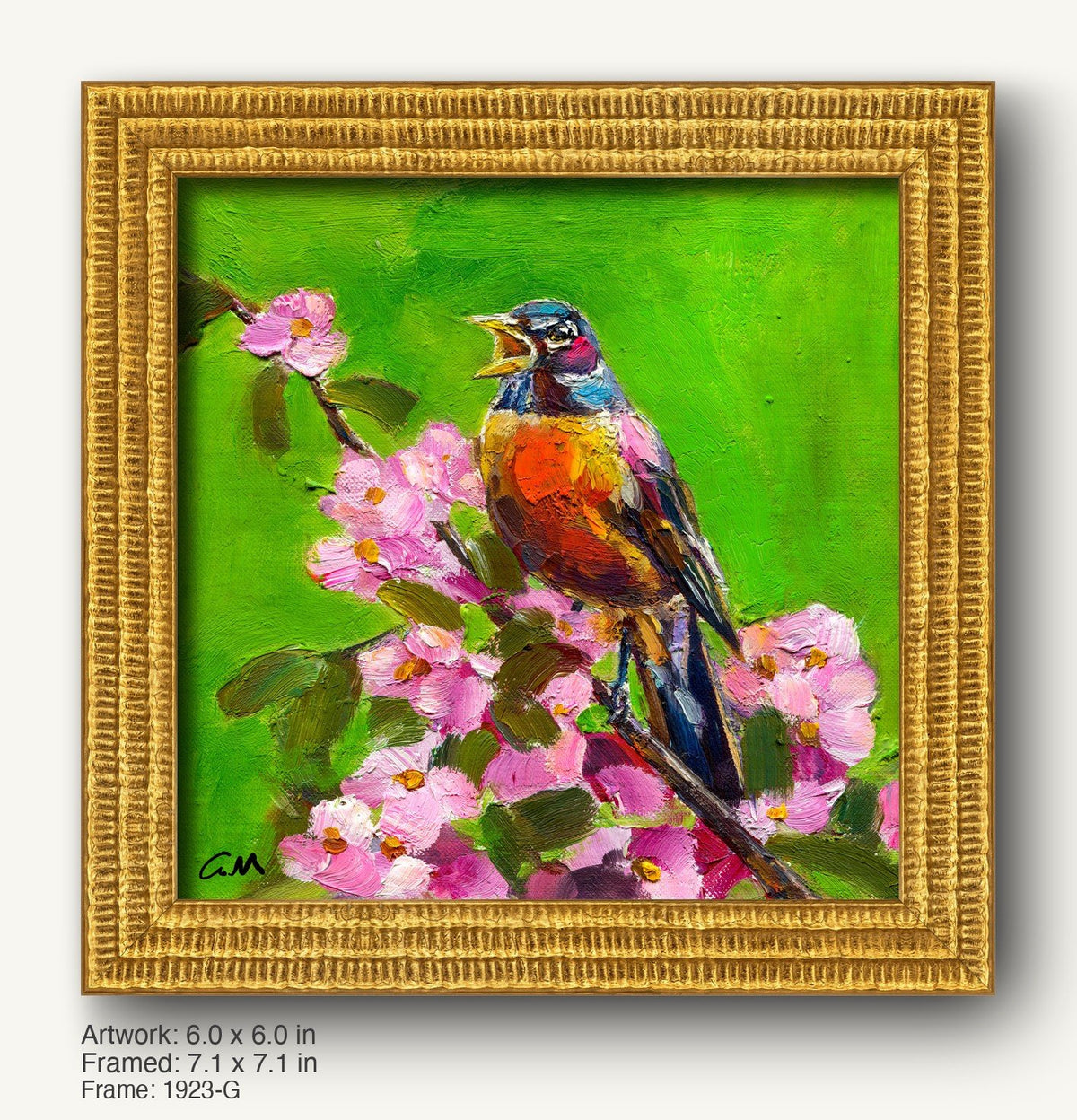 Hand-painted robin perched on pink blossoms against a vibrant green background, framed in ornate warm gold with textured profile and classic detailing