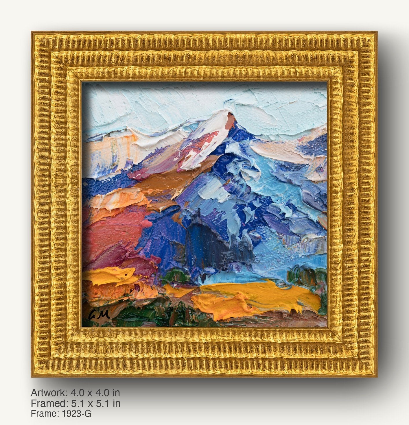 Abstract mountain landscape oil painting in warm gold ornate frame, vibrant blues, reds, and yellows on canvas, textured brushwork, signed corner