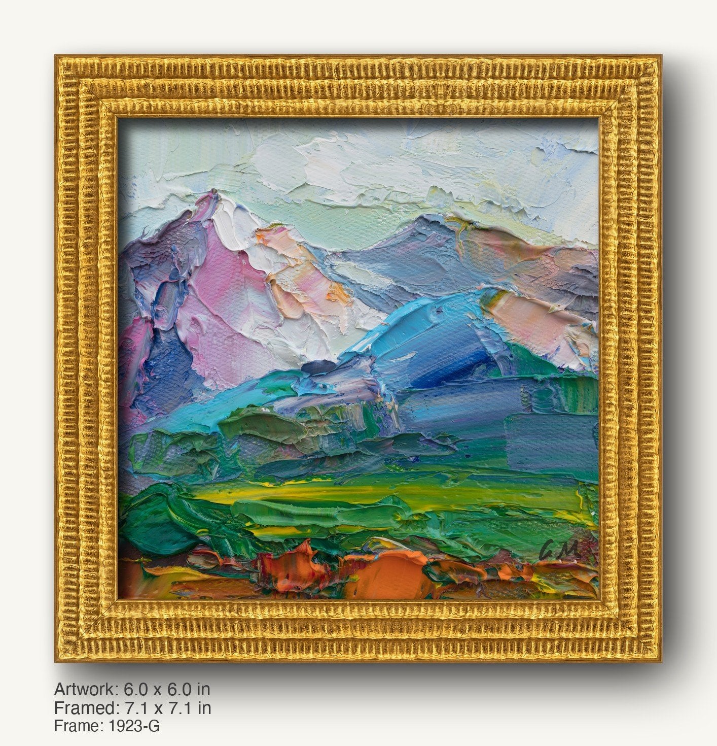 Palette Knife Mountain Landscape by George Miller in ornate gold frame, vibrant abstract peaks in pink, blue, and green on canvas, textured oil painting with bold impasto strokes
