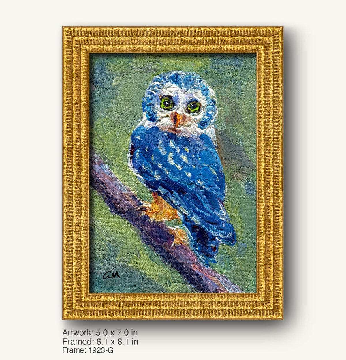 Textured blue owl portrait in a warm gold ornate frame, featuring expressive green eyes and detailed feather patterns on canvas