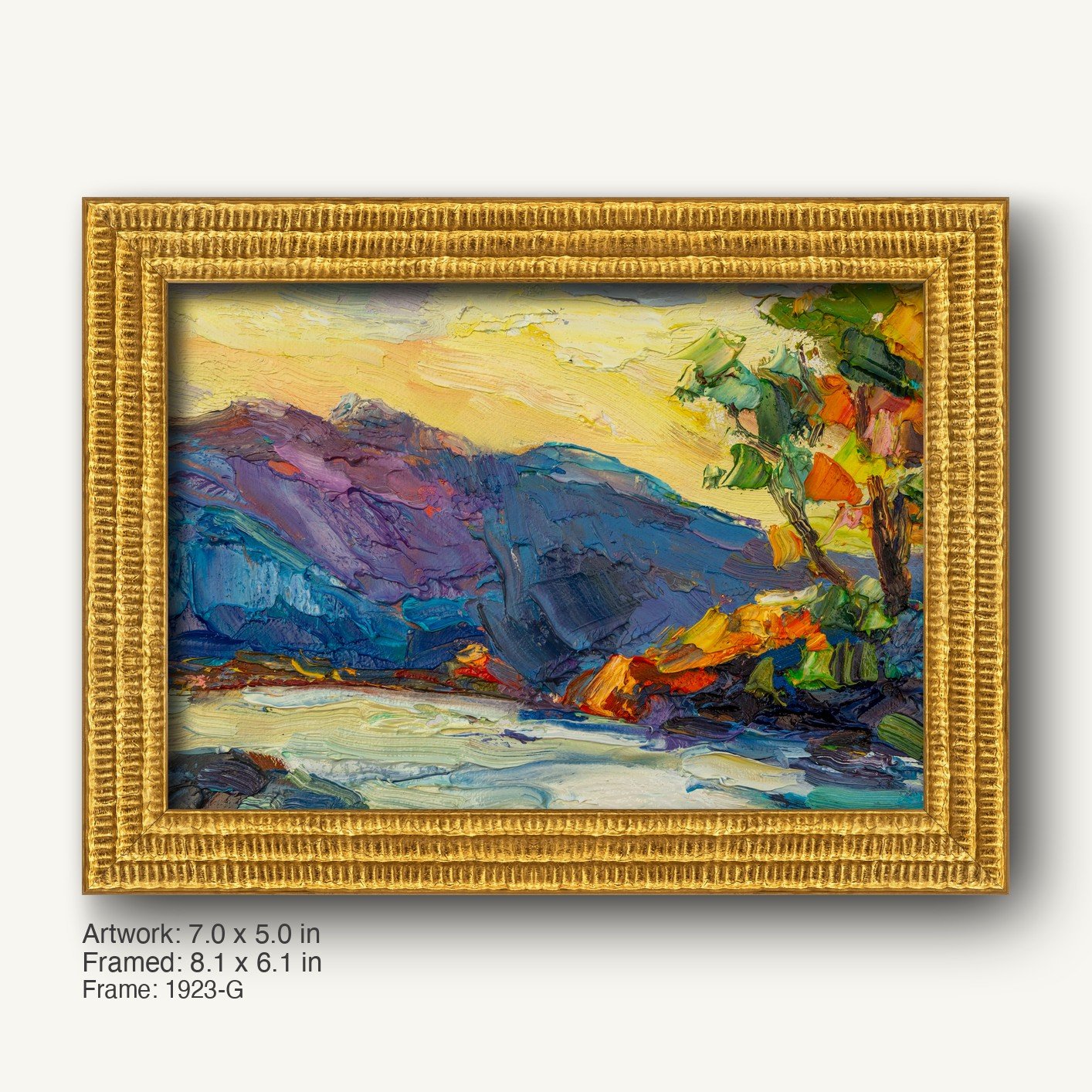 Palette Knife Mountain Vista by George Miller in a warm gold ornate frame, showcasing vibrant abstract landscape with textured oil brushwork on canvas