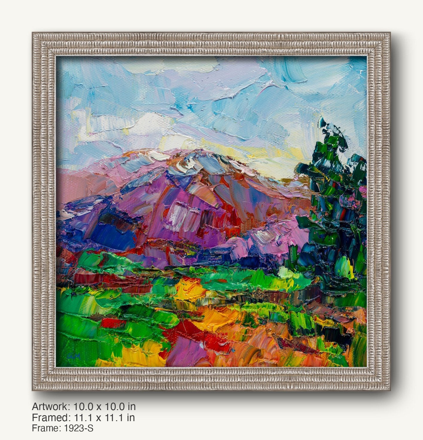 Vibrant autumn mountain landscape painting in a silver ornate frame, featuring bold brushstrokes and rich hues of green, purple, and blue, displayed against a neutral background.