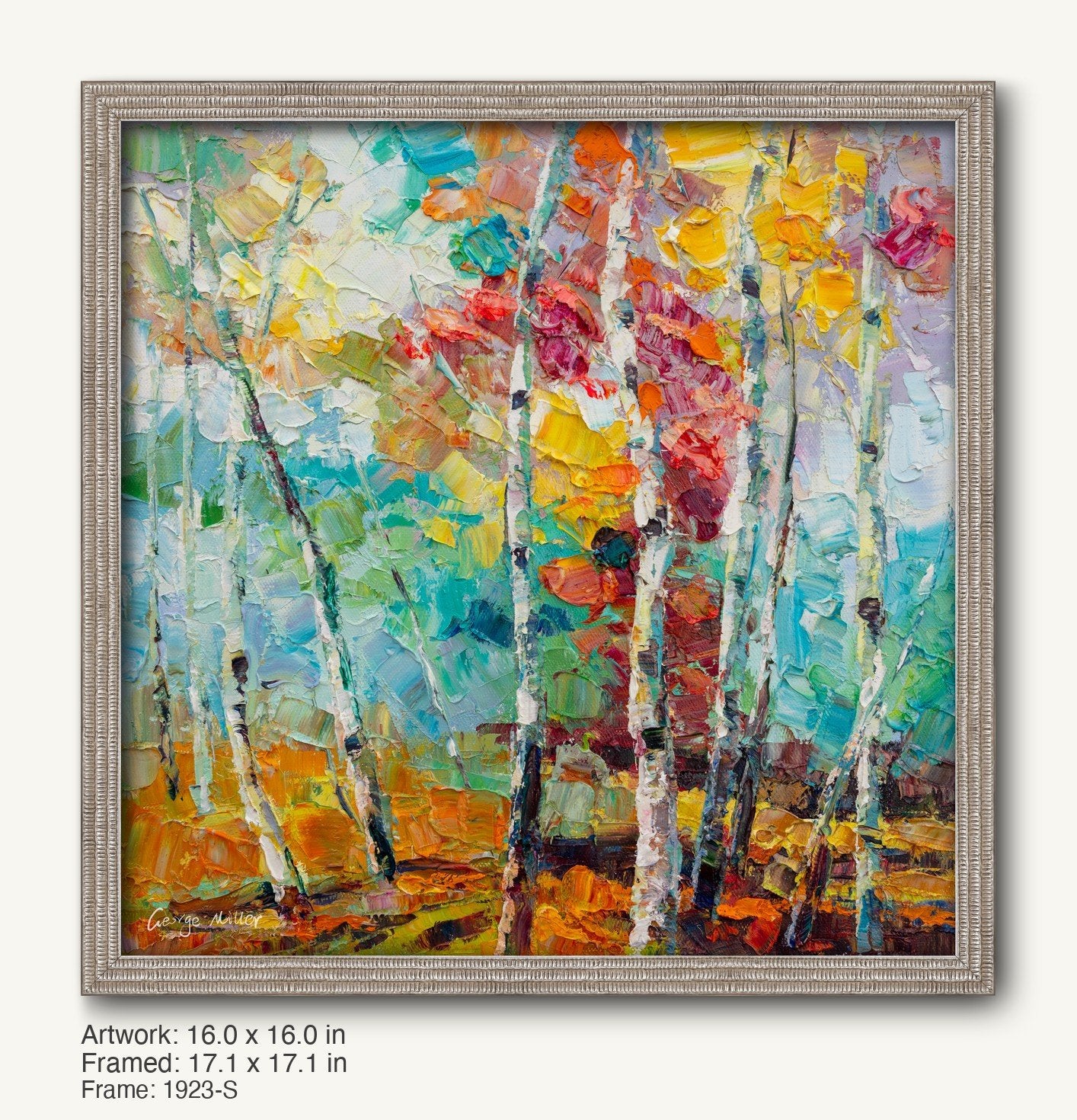 Colorful aspen trees in autumn light, painted in vibrant oil on canvas, framed in a modern slim silver frame with textured edges