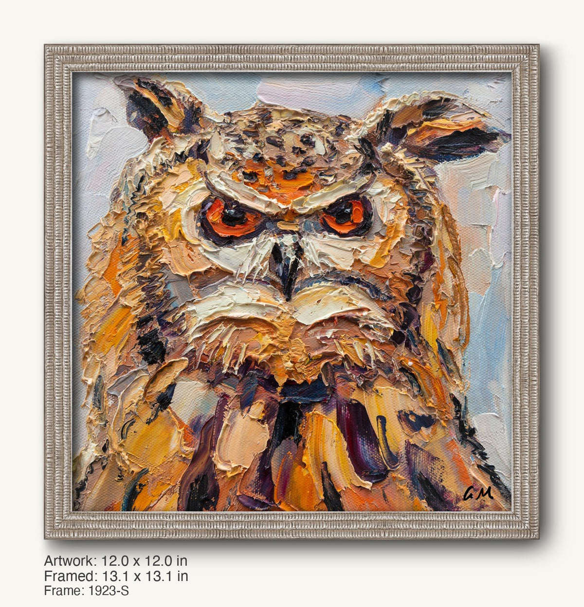 Textured oil painting of an owl with bold orange eyes and layered brushwork, framed in a silver-toned ornate frame with beaded detailing