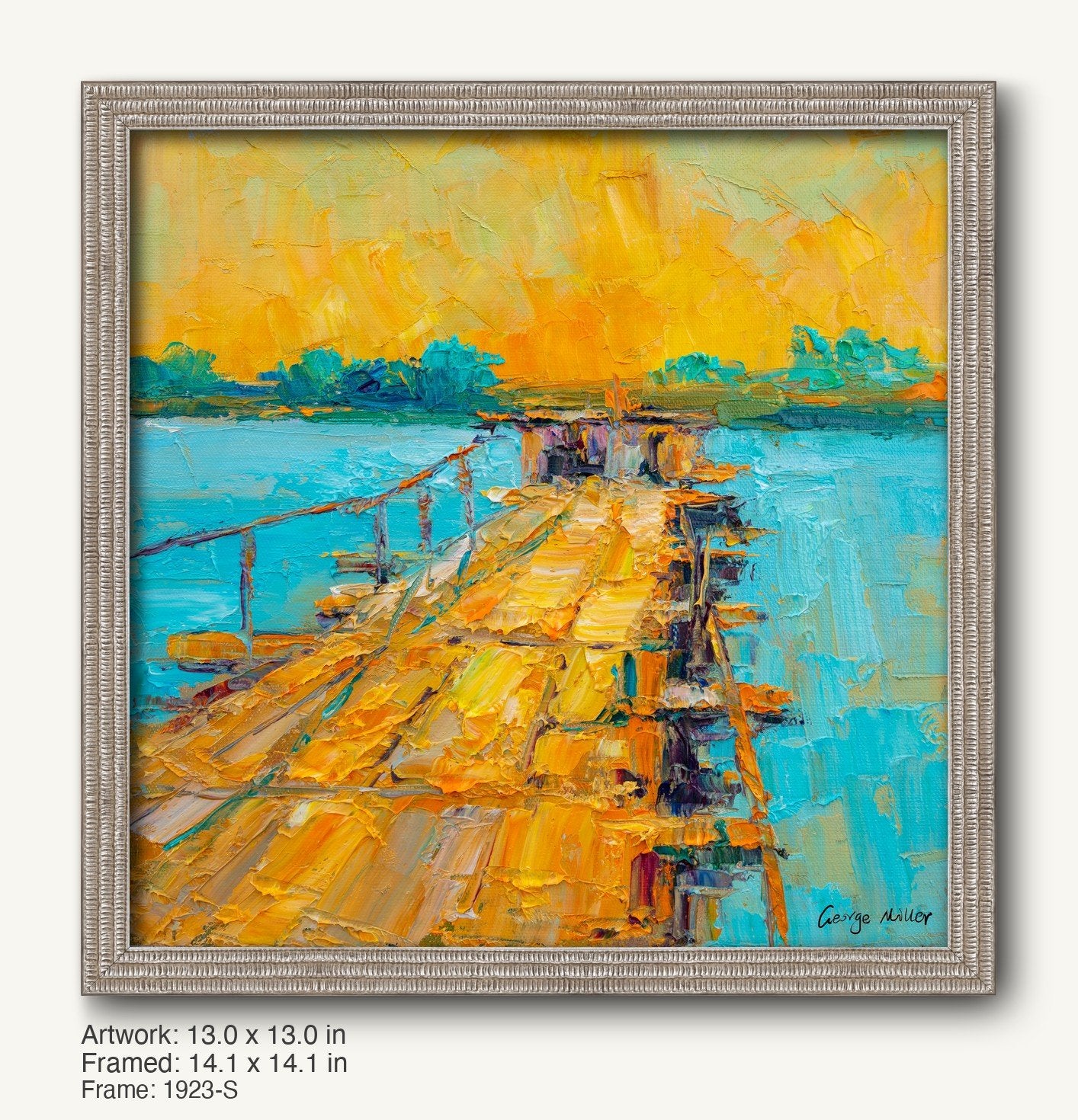 Hand-painted dock scene in warm golden hues with turquoise water, framed in a cool silver ornate frame with textured profile, enhancing the impressionistic landscape