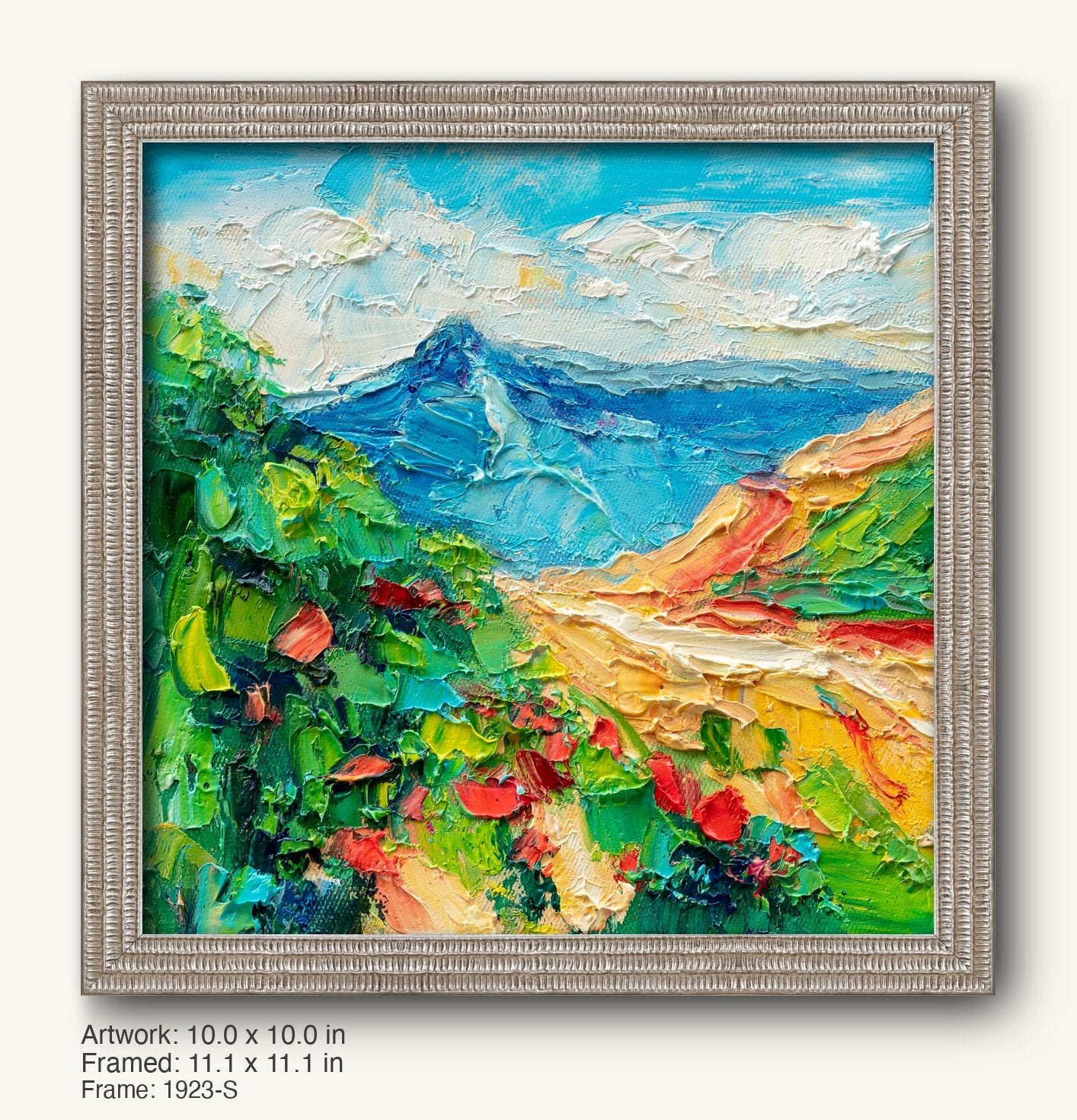 Abstract mountain landscape oil painting in a cool silver ornate frame, featuring textured brushwork with vibrant blues, greens, and reds on canvas