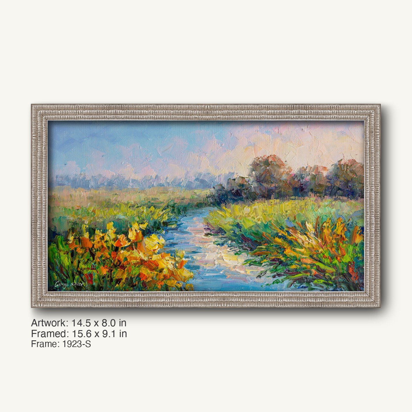 Hand-painted stream landscape in a cool silver ornate frame, featuring vibrant wildflowers and flowing water under a soft sky, displayed horizontally on a neutral background.