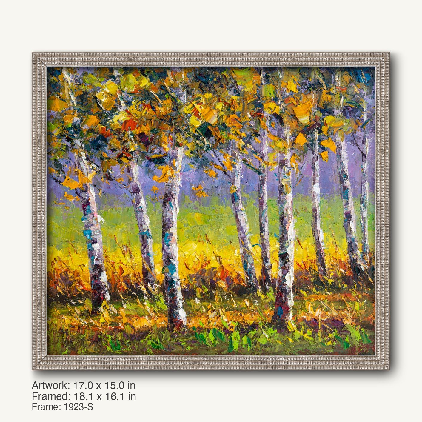 Autumn birch forest oil painting in a silver-toned ornate frame, featuring vibrant yellow and green foliage with textured brushwork on canvas