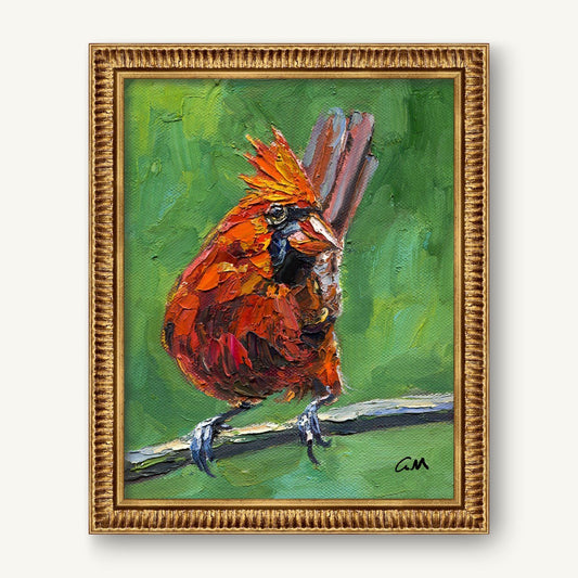 Vibrant oil painting of a cardinal bird perched on a branch, framed in ornate gold, with textured brushwork and rich reds against a green background