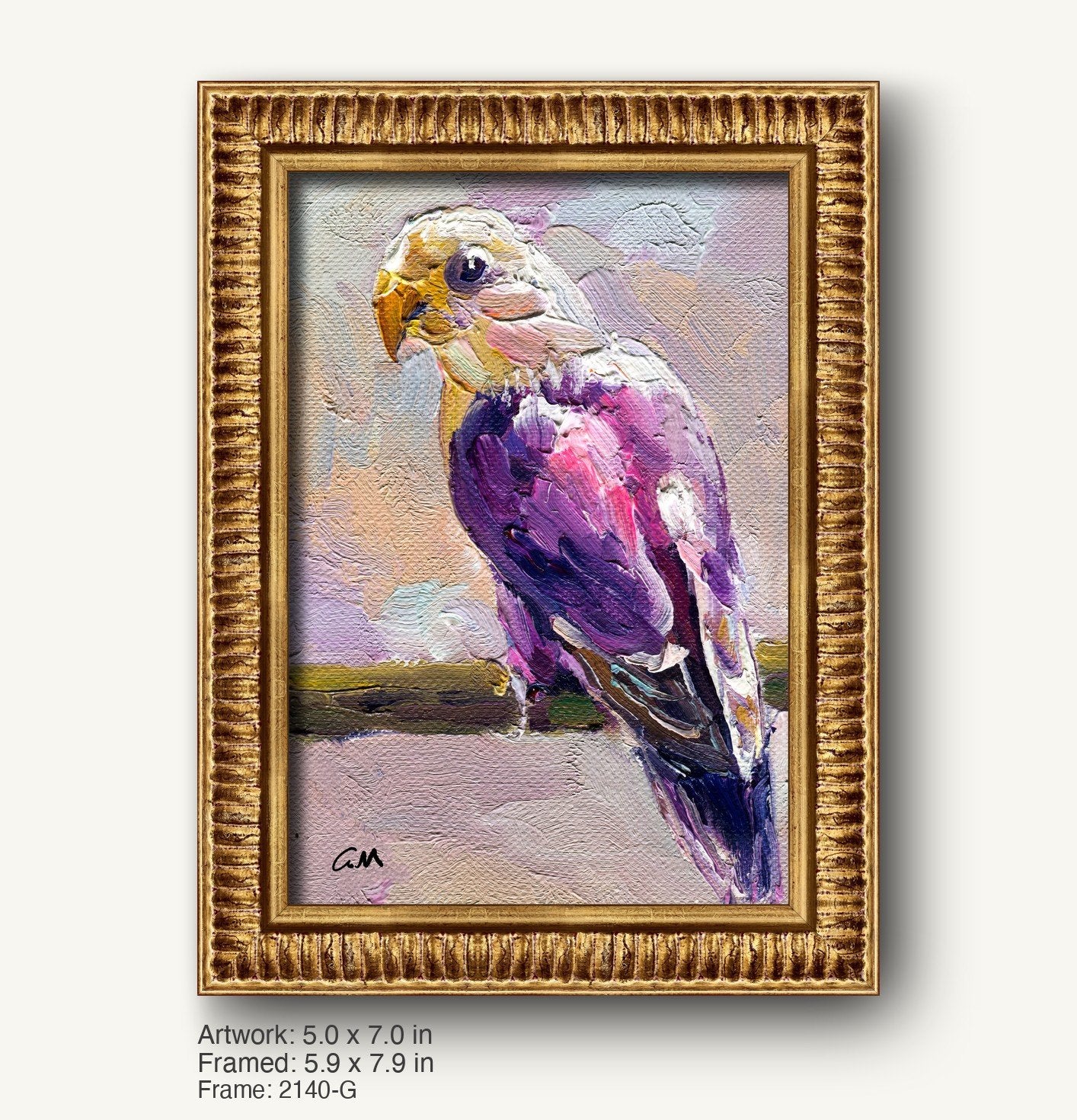 Vibrant oil painting of a purple parrot in a warm gold ornate frame, textured canvas with expressive brushwork, signed by artist CM
