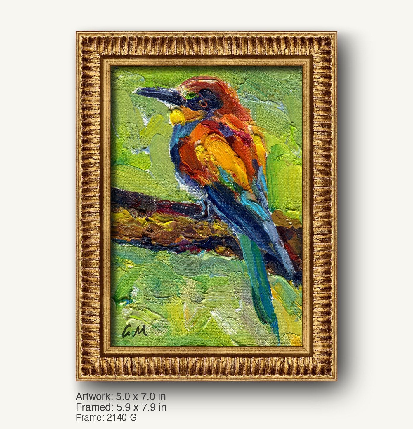 Vibrant oil painting of a colorful bird perched on a branch, framed in a warm gold ornate frame with textured profile, set against a soft white background
