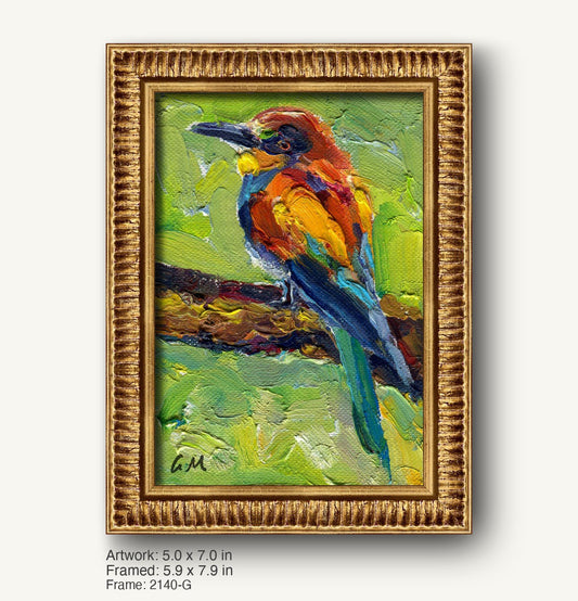 Vibrant oil painting of a colorful bird perched on a branch, framed in a warm gold ornate frame with textured profile, set against a soft white background