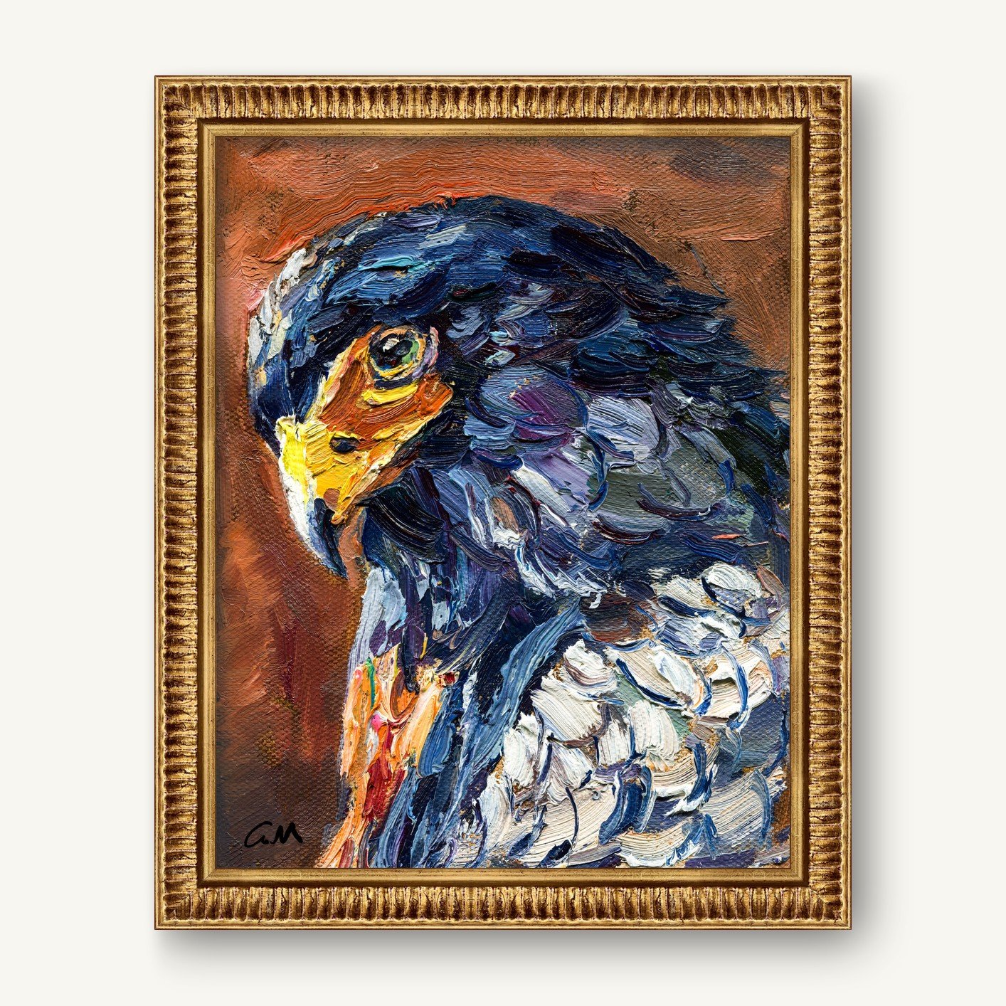 Expressive oil painting of a hawk in a gold frame, featuring bold blue, brown, and white brushstrokes with textured details and a signature in the corner