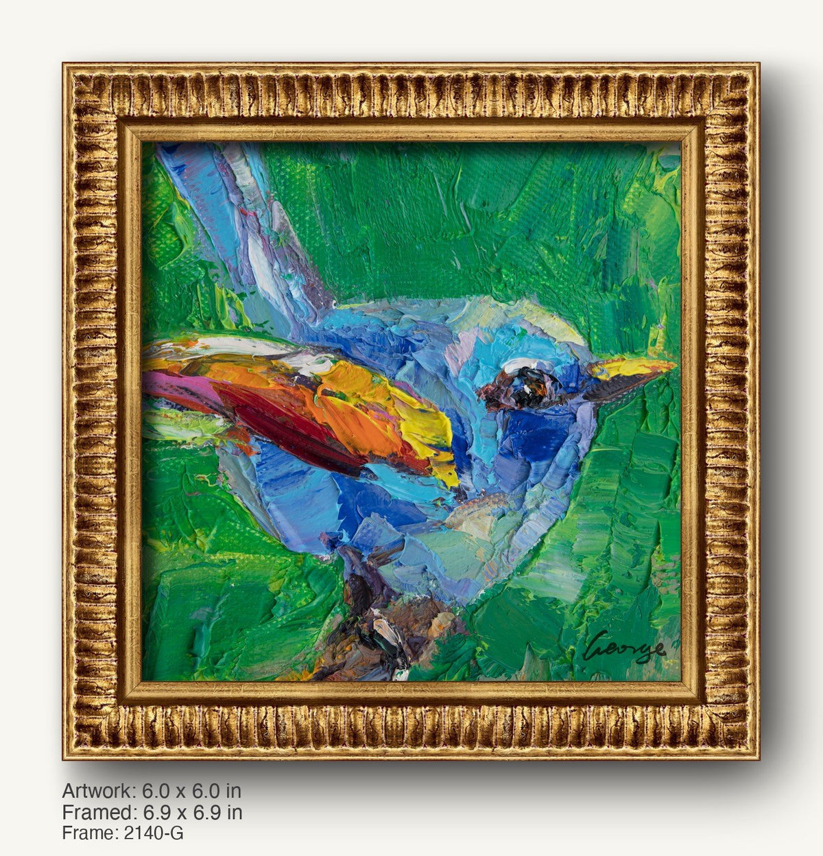 Vibrant abstract bird painting in warm gold ornate frame, featuring bold blue, green, and yellow hues on canvas, signed by artist