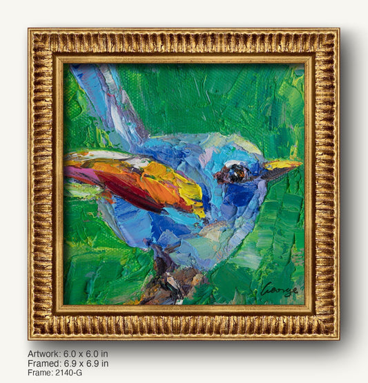 Vibrant abstract bird painting in warm gold ornate frame, featuring bold blue, green, and yellow hues on canvas, signed by artist