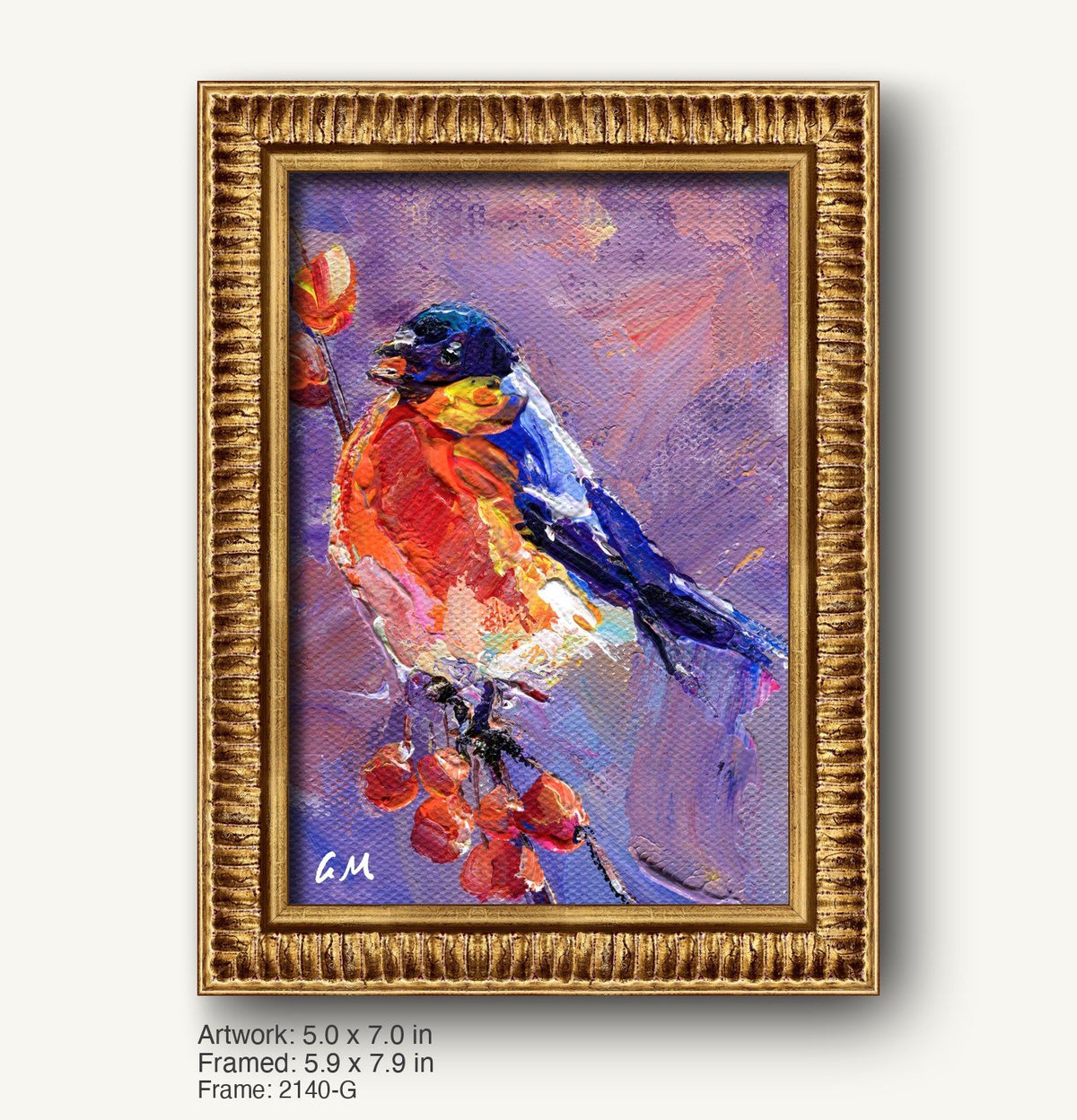 Expressive oil painting of a colorful bird perched on a berry branch, framed in a warm gold ornate frame with textured profile, vertical composition
