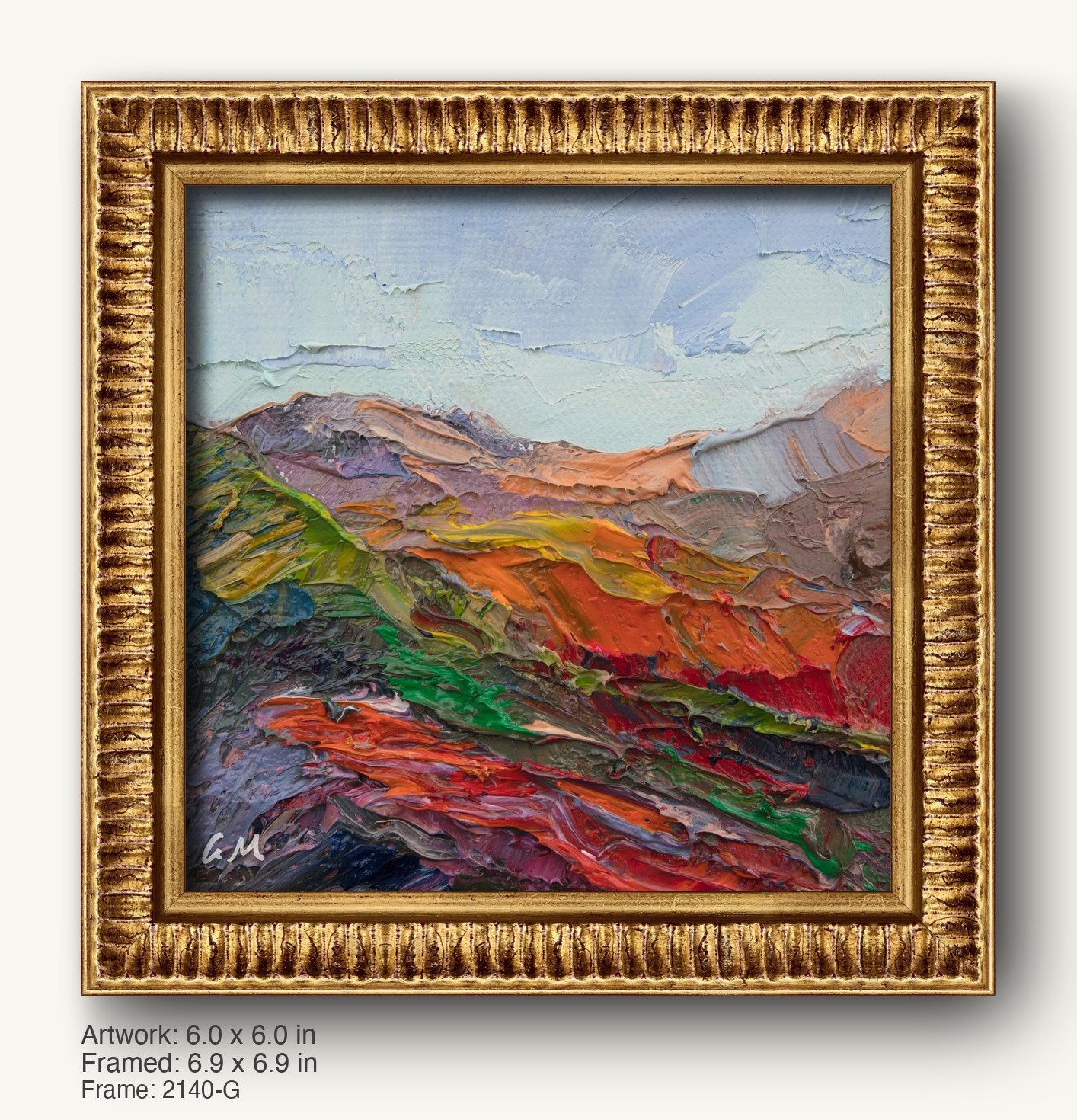 Vibrant impasto mountain landscape in warm gold ornate frame, featuring bold red, orange, green, and blue textures with expressive brushwork and initialed signature