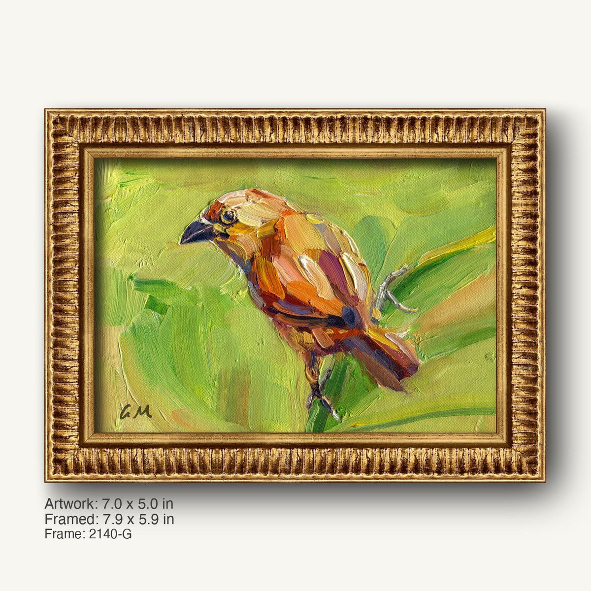 Original oil painting of a bird in warm earth tones on canvas, framed in ornate gold with textured profile, set against a soft green background