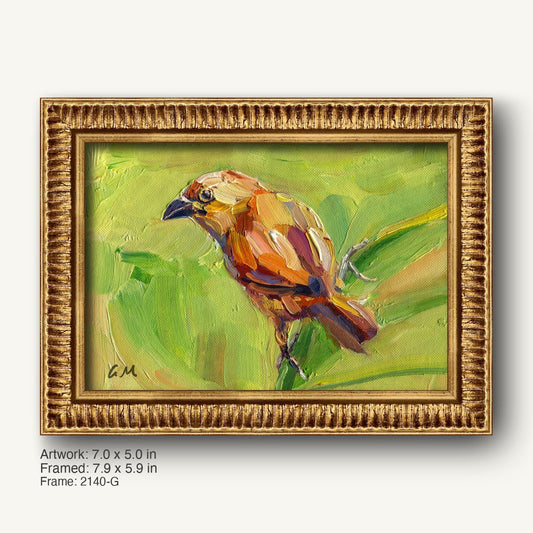 Original oil painting of a bird in warm earth tones on canvas, framed in ornate gold with textured profile, set against a soft green background