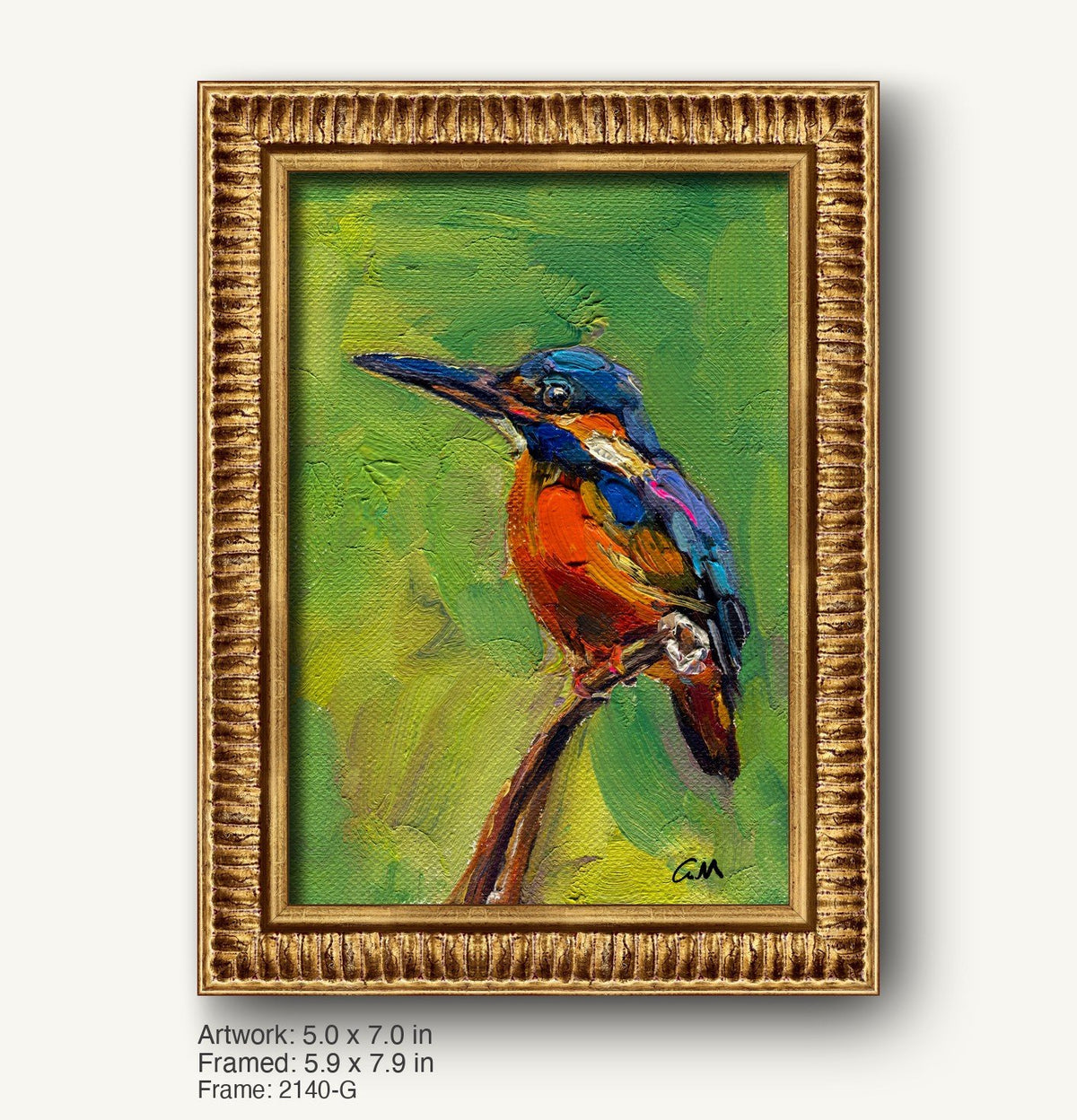 Hand-painted kingfisher bird in vibrant blue, red, and green hues on canvas, framed in ornate warm gold frame with textured profile, vertical composition