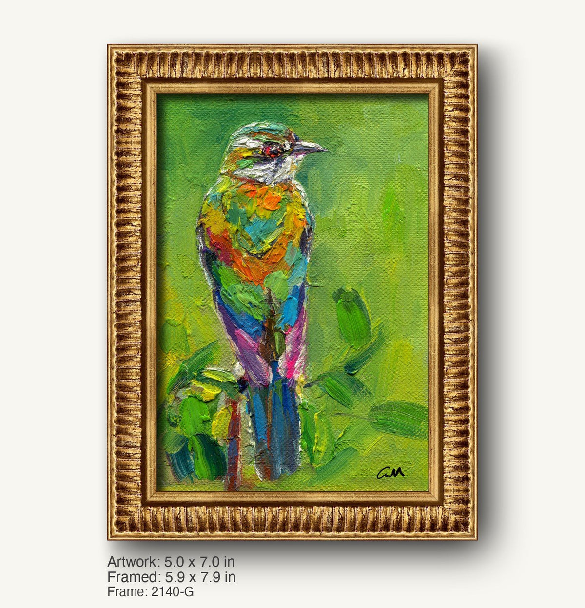 Vibrant oil painting of a colorful bird on green background, framed in ornate warm gold frame with textured profile, vertical composition