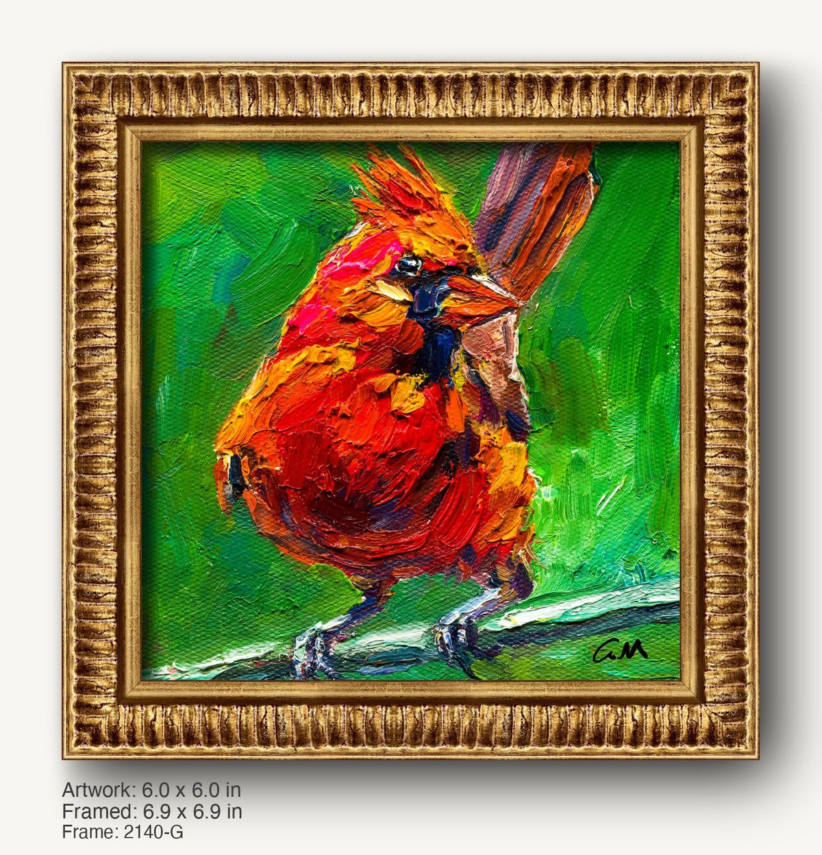 Vibrant oil painting of a cardinal bird in impasto style, framed in ornate warm gold frame with textured profile, set against green background
