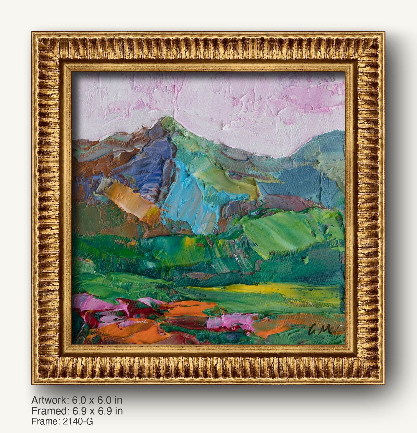 Hand-painted mountain landscape in warm gold ornate frame, vibrant greens, blues, and pinks on canvas, textured oil painting with visible brushwork