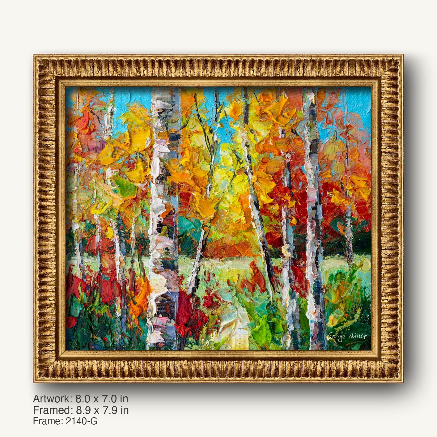 Vibrant autumn birch forest oil painting in warm gold ornate frame, vertical composition with textured brushwork and bold yellow, red, and green hues