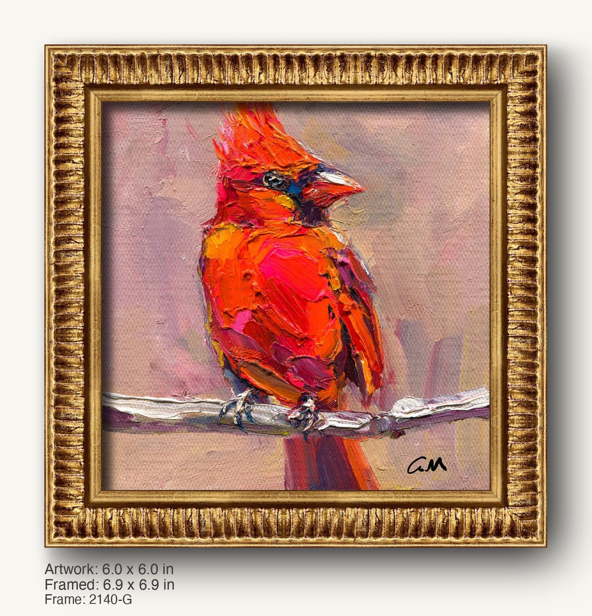 Vibrant oil painting of a cardinal bird perched on a branch, framed in a warm gold ornate frame with textured profile, showcasing rich reds and expressive brushwork.