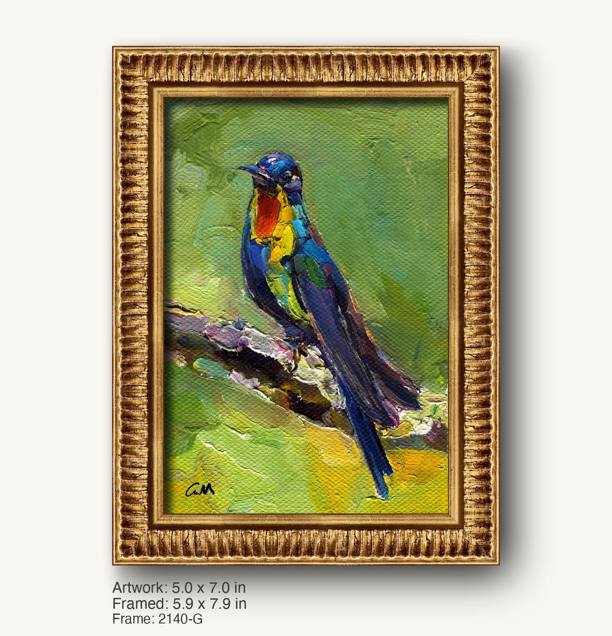 Vibrant oil painting of a colorful bird perched on a branch, set in a warm gold ornate frame with textured profile, vertical composition on canvas