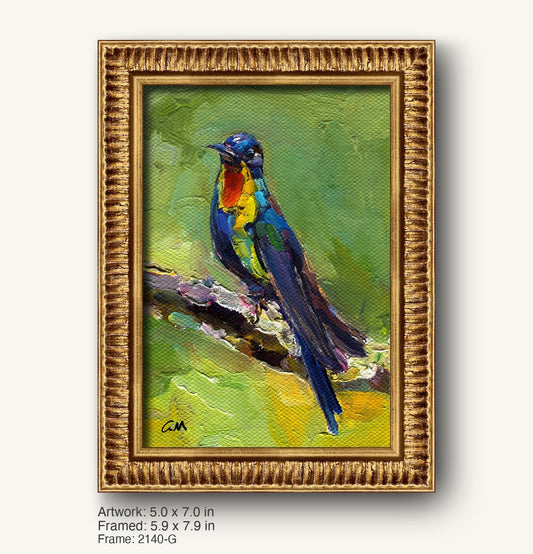 Vibrant oil painting of a colorful bird perched on a branch, set in a warm gold ornate frame with textured profile, vertical composition on canvas